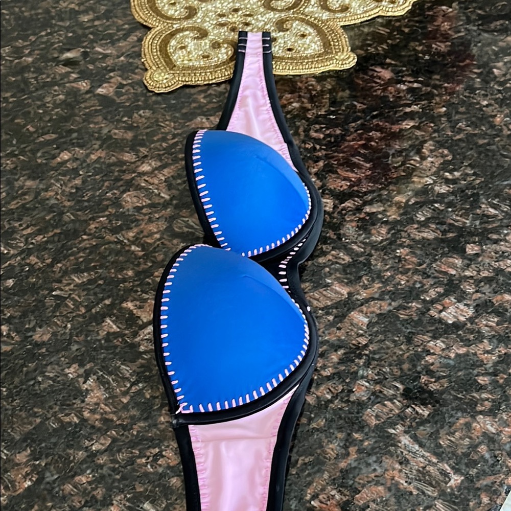 Victoria's Secret Blue Pink and Black Bikini Top With Pink Stitching Detail
